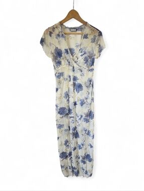 Vintage 90s Y2K Aqua Blues Cream Mesh Floral Print Maxi Dress Size Small*